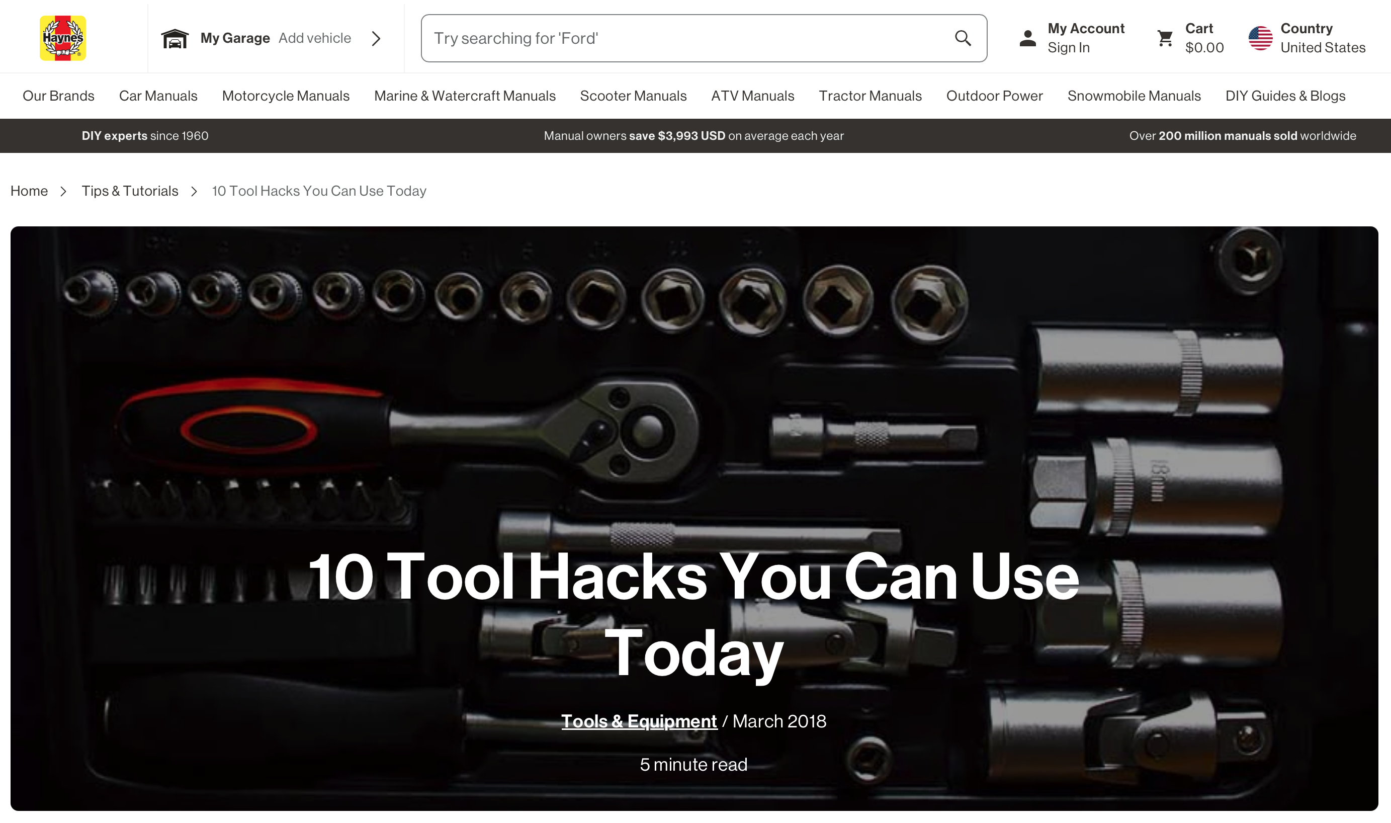 Screenshot of the '10 Tool Hacks You Can Use Today' page of Haynes.com.