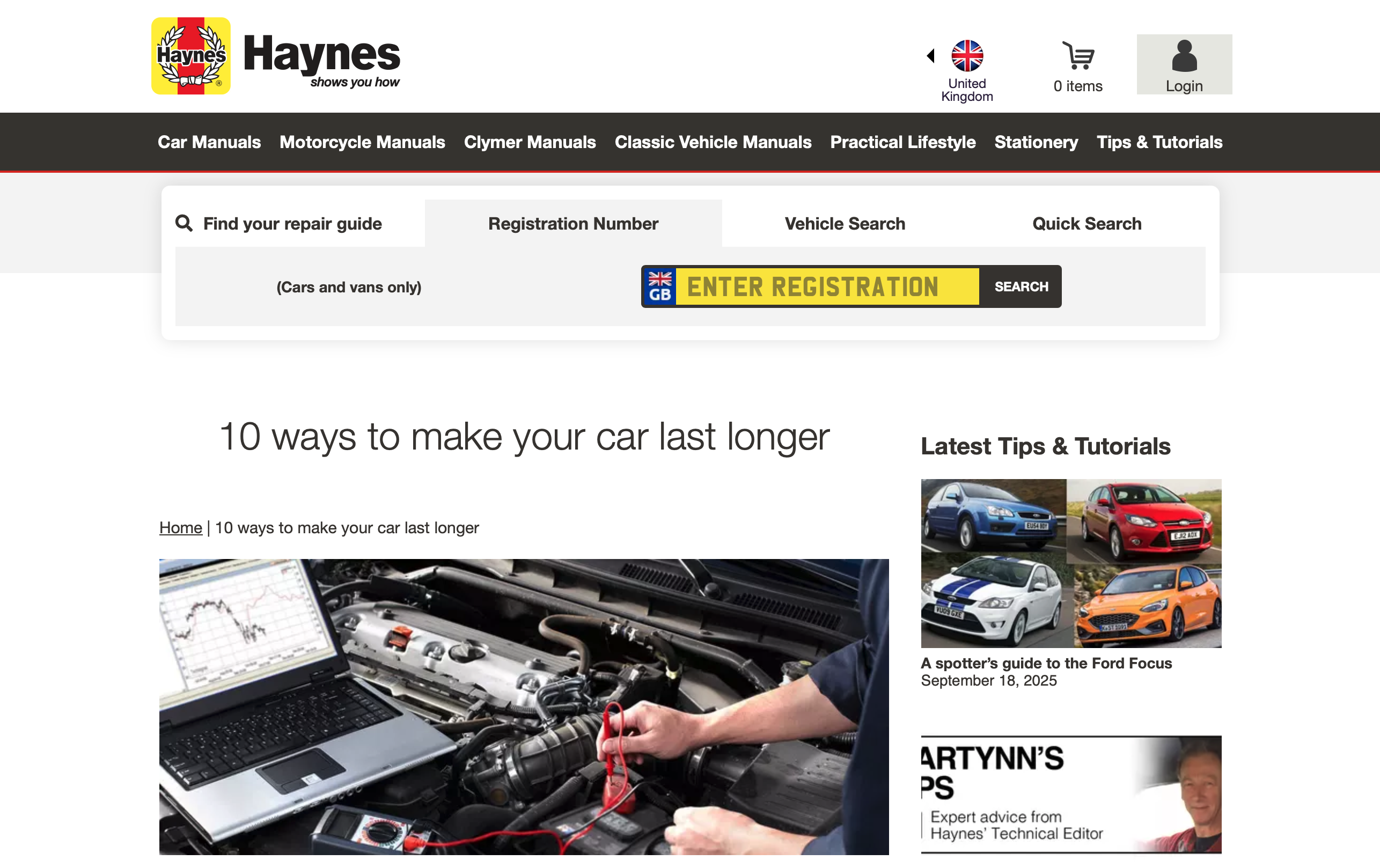 Screenshot of the '10 ways to make your car last longer' page of Haynes.com.