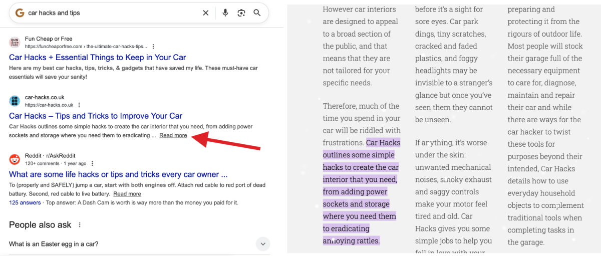 Two screenshots, on the left is a search engine results page for the term car hacks and tips, and on the right is a page from car-hacks.co.uk with the text that appears on the SERP highlighted