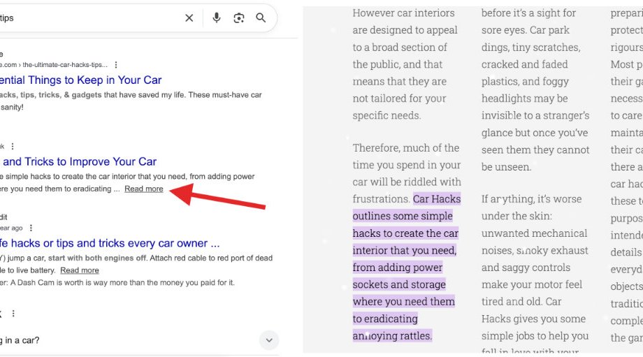 Two screenshots, on the left is a search engine results page for the term car hacks and tips, and on the right is a page from car-hacks.co.uk with the text that appears on the SERP highlighted