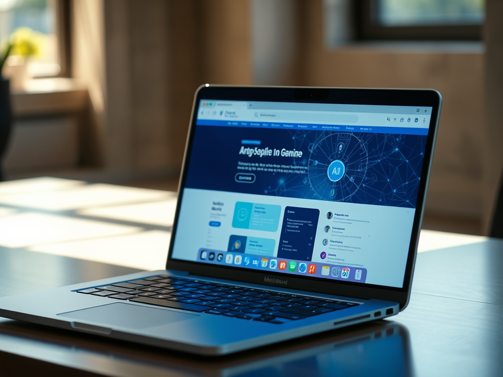 An AI-generated image of a Macbook-style laptop with the screen showing a mock-up of an AI tool in the style of ChatGPT or Gemini.